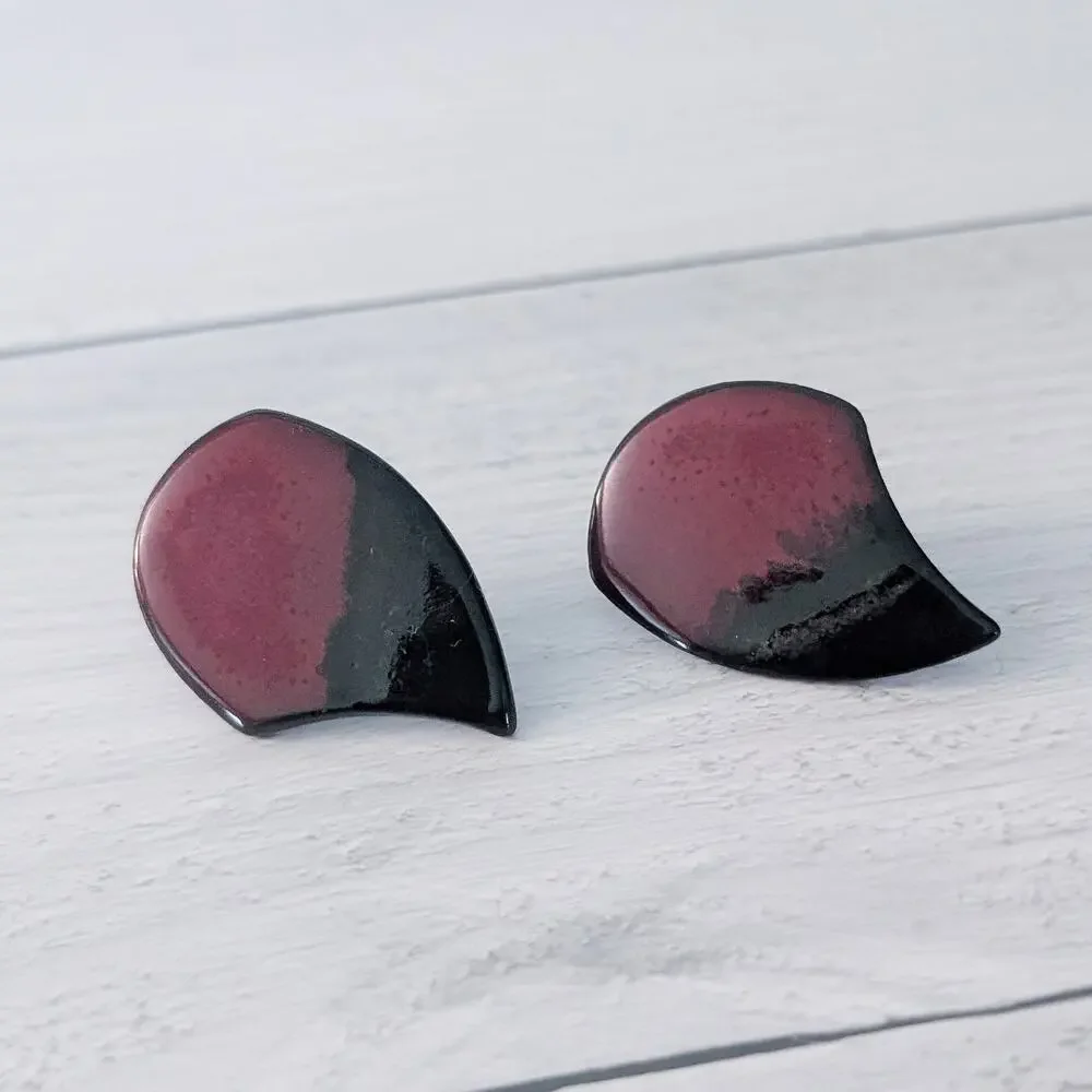 Vintage Stud Earrings Black & Burgundy Statement Large 1.25